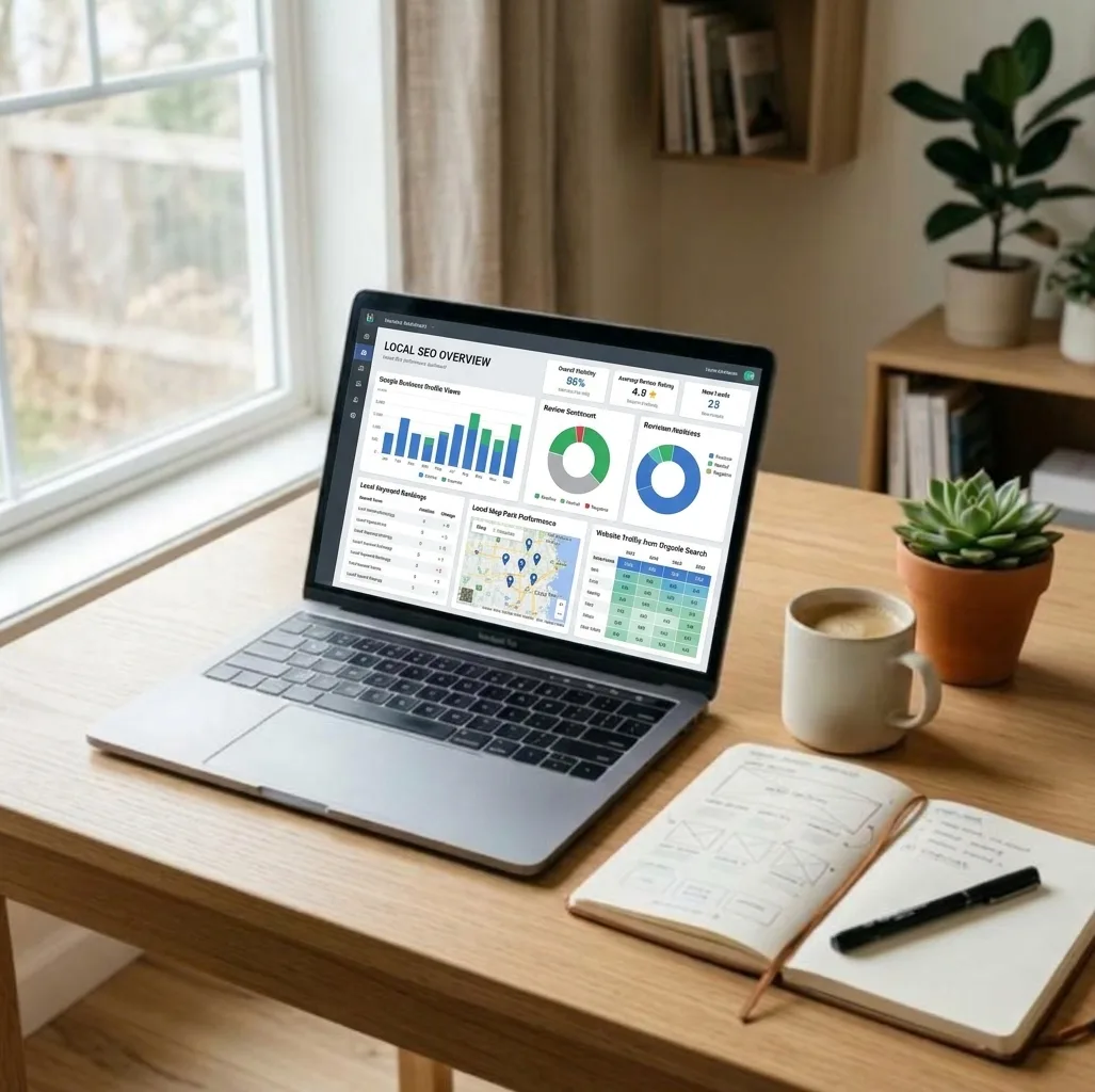 A high-resolution photograph of a modern wooden desk. An open MacBook laptop prominently displays a comprehensive 'LOCAL SEO OVERVIEW' dashboard, showing charts for Google Business Profile views, review sentiment, a map with pins, and keyword rankings. To the right, a coffee mug and a succulent are present. In the foreground, an open notebook with sketches and a pen lies open. A window and book-filled shelves form the natural-light background.